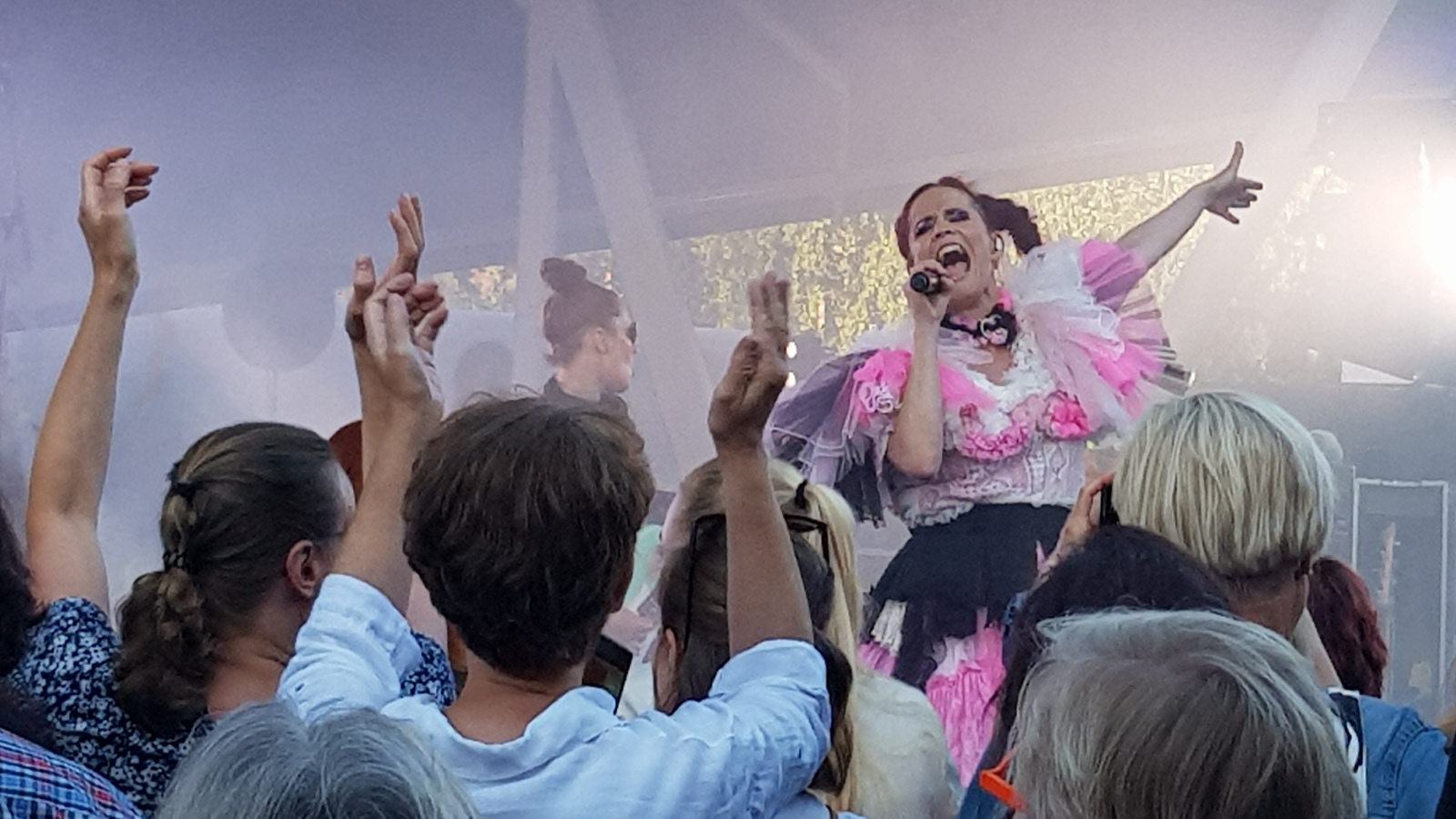 Kuvassa on Maija Vilkkumaa seisovan yleisön edessä laulamassa vahvalla ilmeellä.  Hänellä on valkoisen punakirjava puku, jossa on liuskamaiset kangaskaistallet. Taustalla on sinertävää valoa ja savua.