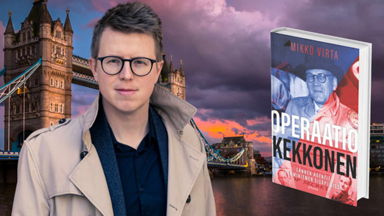 Kuvassa on Mikko Virta puolivartalokuvassa ja taustalla on London Bridge ja Tower.  Oikealla on kuva kirjasta, jonka kannessa on Urho Kekkosen kasvot.  Kirjan kannen sävy on siniharmaa.