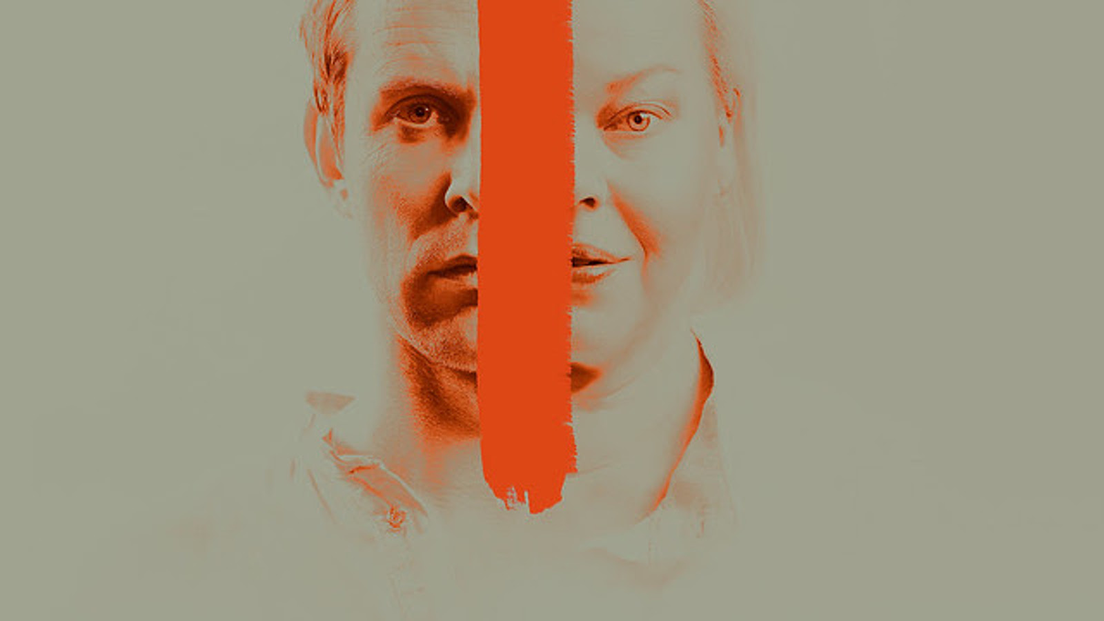 Kuvassa on punainen leveä viiva ylhäältä alas ja takana ovat Waltteri Torikan ja Johanna Rusanen-Kartanon kasvojen hahmot punaisilla viivoilla hahmotettuna. Tausta on harmaa.