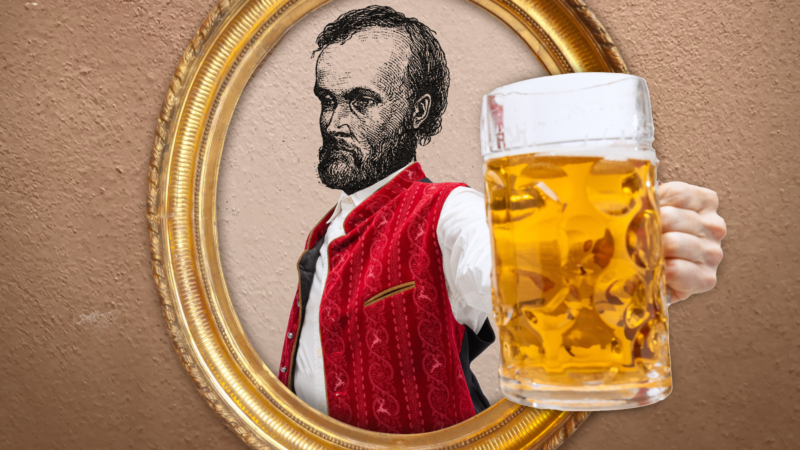 Kuvassa on Aleksis Kiven potretti ja edessä oluttuoppi, joka on suuri.