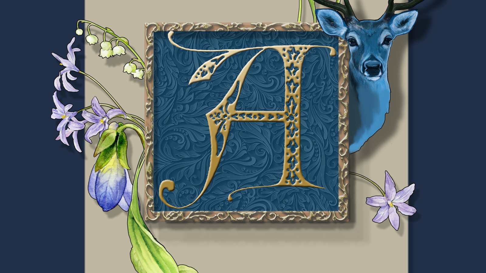 Kuvassa on harmaalla pohjalla raamitettu iso a-kirjain, joka on koristeellinen.  Se on tumman sinisellä pohjalla ja kuvassa on kukkakiehkura ja oikealla peuran pää.