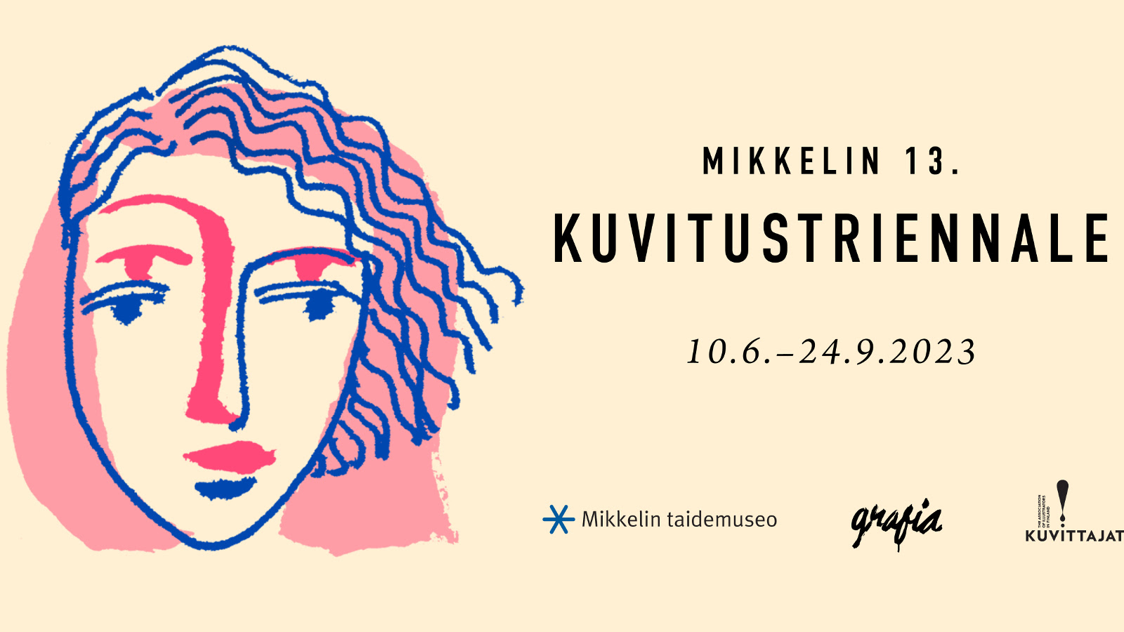 Kuvassa on Mikkelin triennalen juliste, jonka vasemmassa laidassa on nuoren naisen kasvot piirrettynä ja niissä on tuplakasvoviivoja naisen kasvoista sekä vaalean punaista väriä.  Oikealla on triennalen tiedot ja alla osallistujien nimet.Tausta on vaalean keltainen.