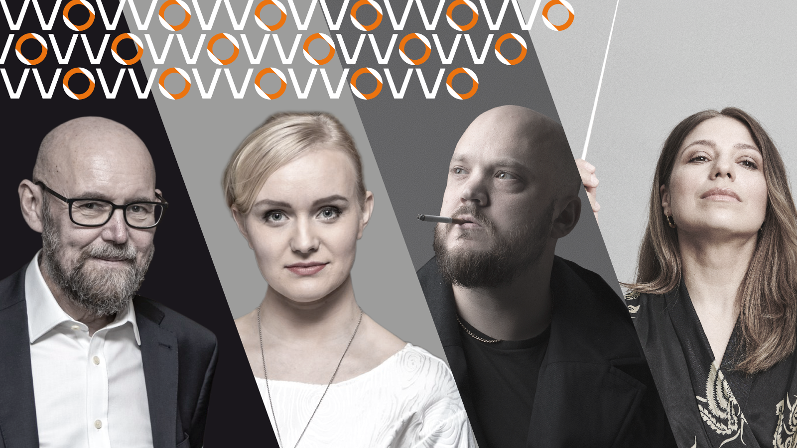 Kuvassa on vinosti leikattuna neljä kuvaa, joissa on potrettikuvat Esko Valtaojasta, Ringa Mannerista, Pyhimyksestä ja Dalia Stasevska. 