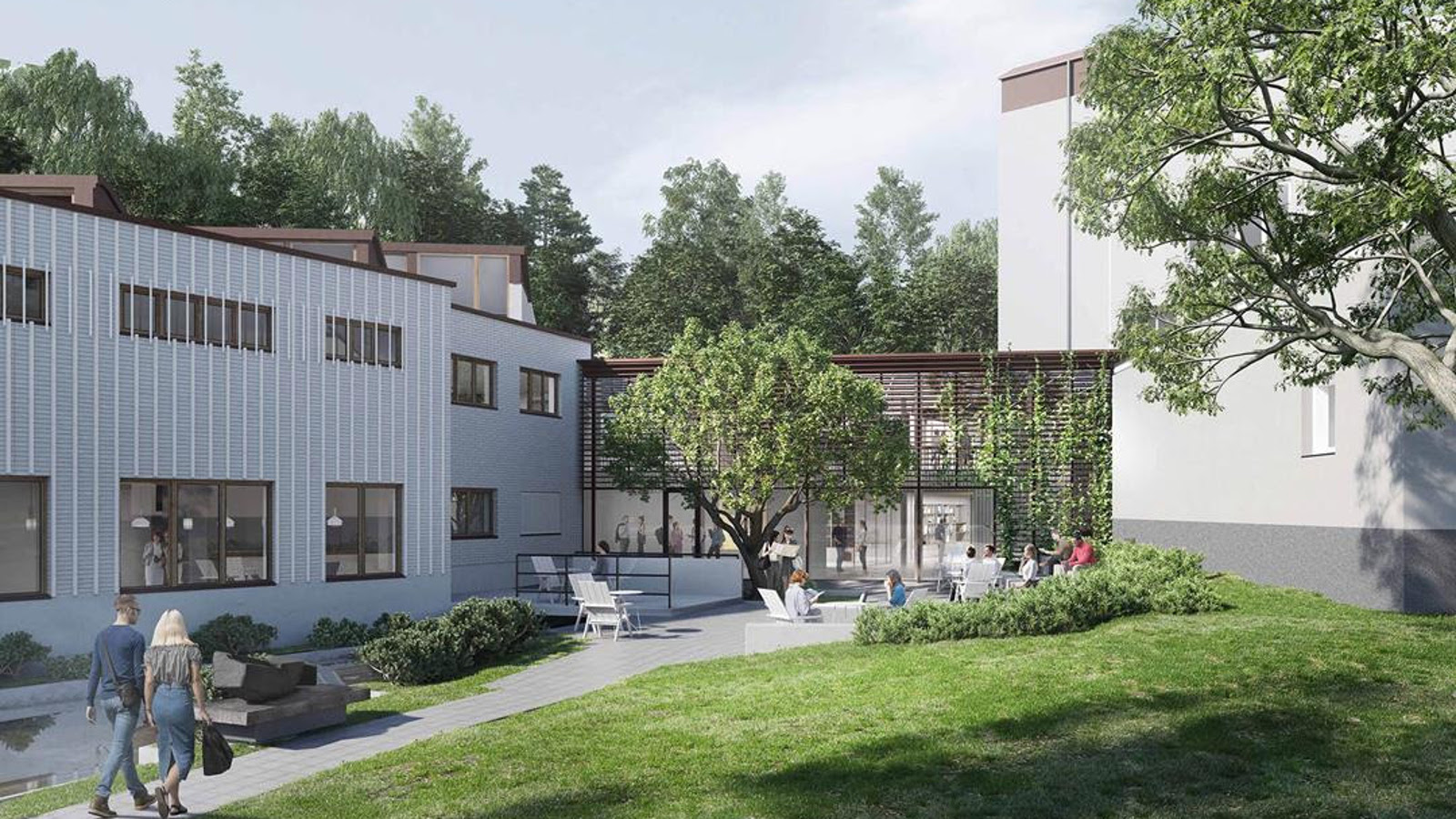 Kuvassa on havainnekuva Alvar Aalto museosta ulkoapäin.  Siinä on vasemmalla vaalean harmaa laatikkomainen rakennus ja keskellä syvennyksessä pienen puun takana matala tumma rakennus ja oikealla näkyy osa vaaleasta rakennuksesta sekä sen laskevasta katosta.