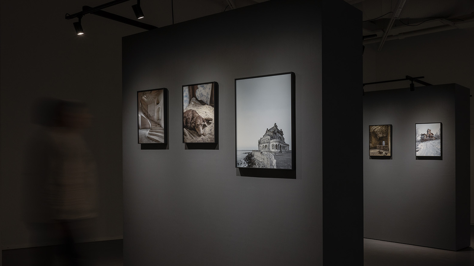 Kuvassa on Finnfoton näyttelytilaa, jossa on tumalla taustalla on seinälle ripustettuja valokuvia kehyksissä. 