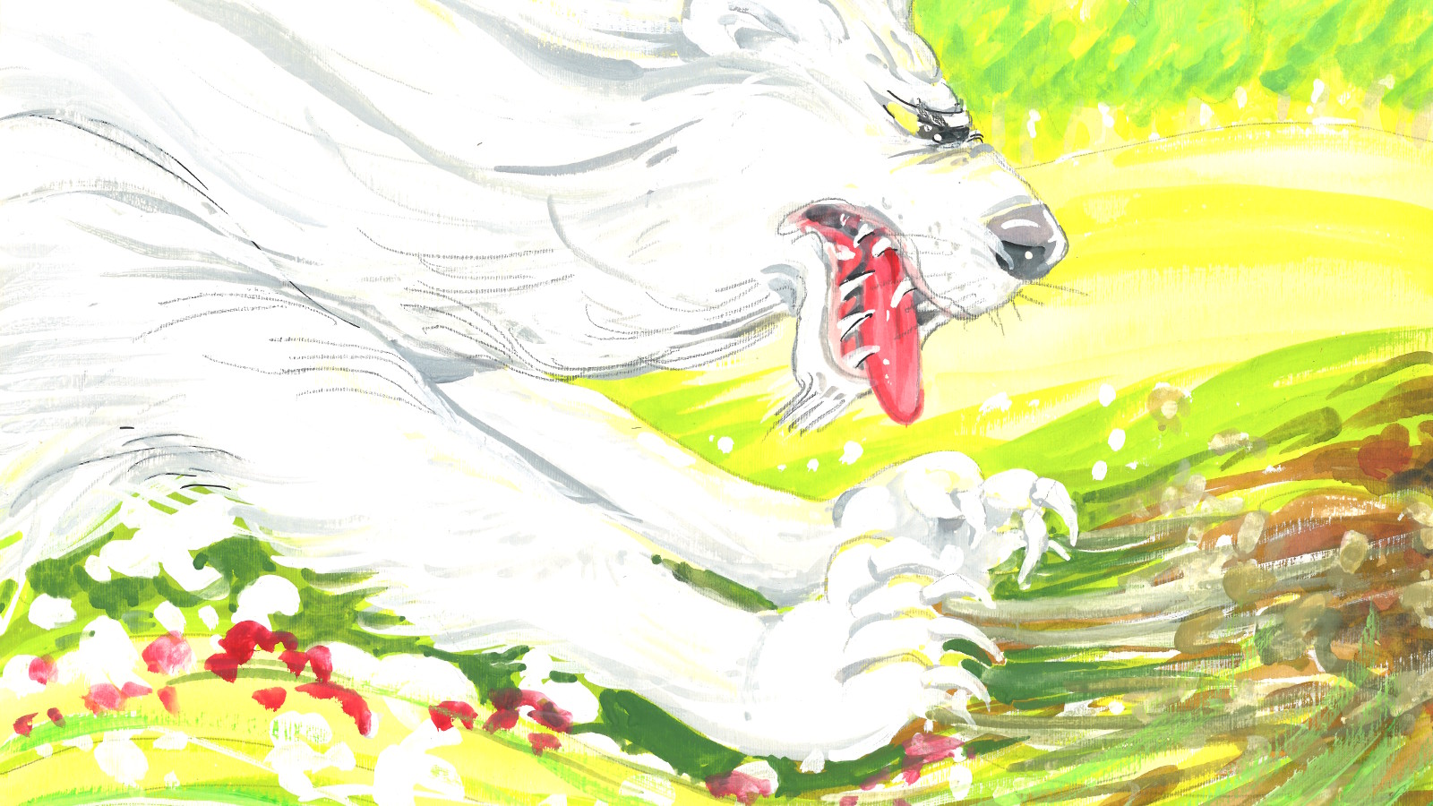 Kuvassa on iso valkoinen koira, joka hyökkää hurjan näköisenä maassa tassut maassa ja kynnet näkyen. Alla on vaalean vihreää nurmikkoa.