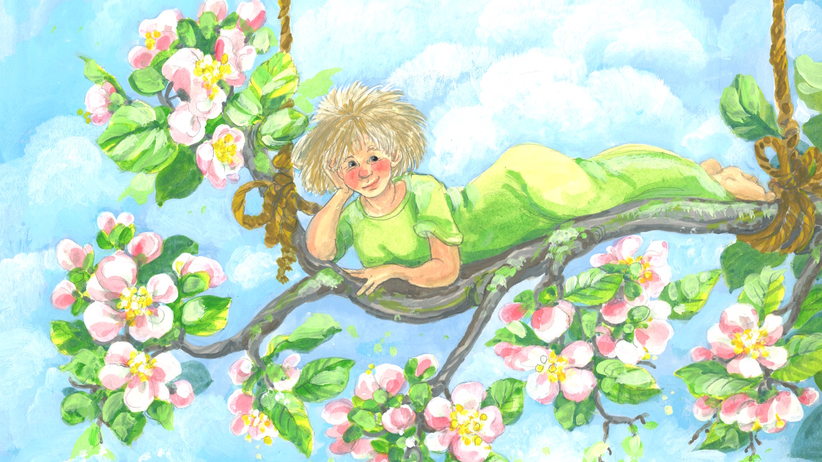 Kuvassa on vaalea nuori nainen makaamassa kyljellään nojaten oikeaan käteensä kukkivan omenapuun oksalla. Taust on vaalean sinisen möykkypilvinen ja naisella on vaalean vihreä tiukka puku päällään.