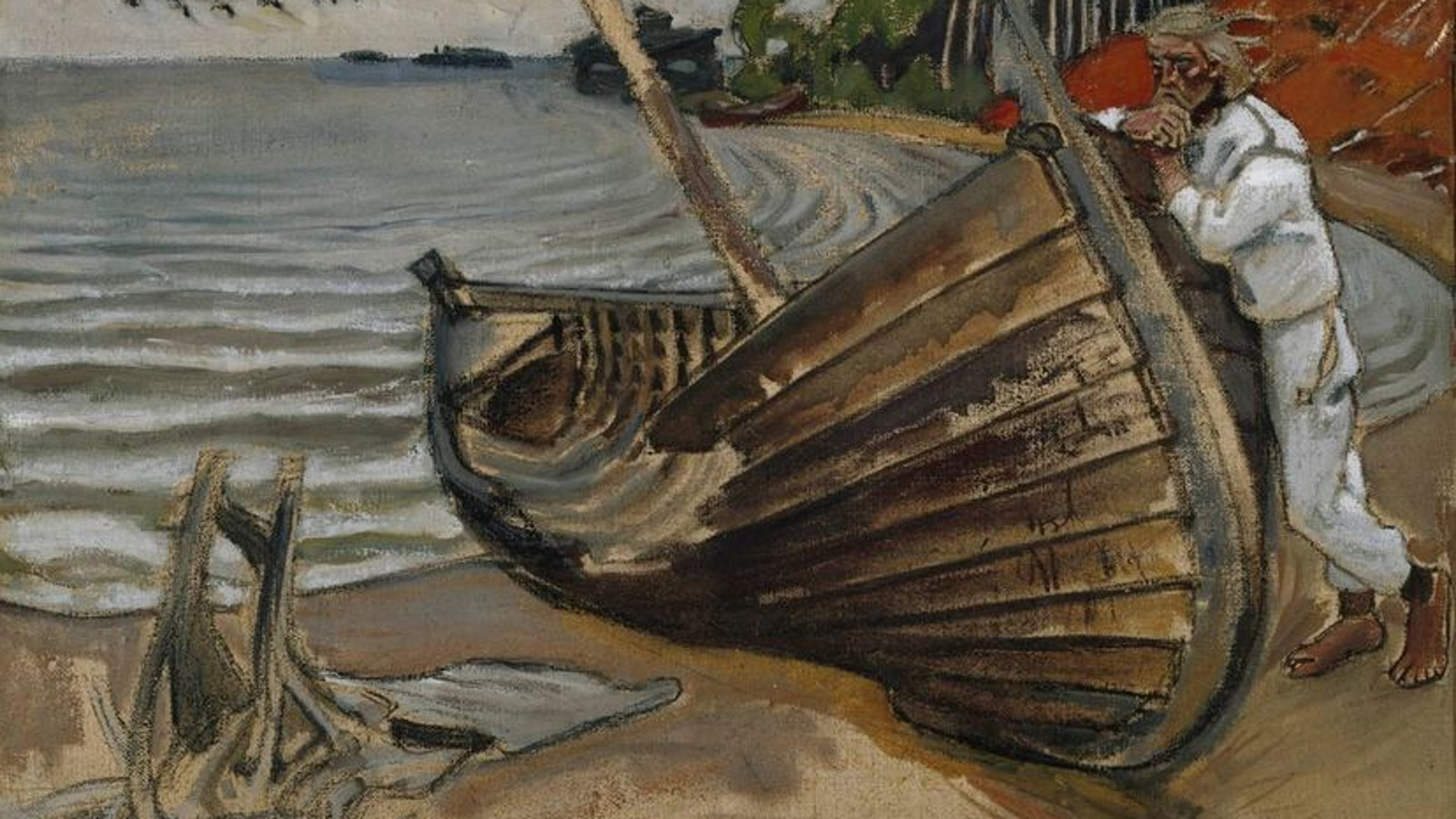 Kuvassa on Gallen-Kallelan ruskeasävyinen maalaus, jossa Joukahainen työtää oikealta puolelta isoa venettä vesille.
