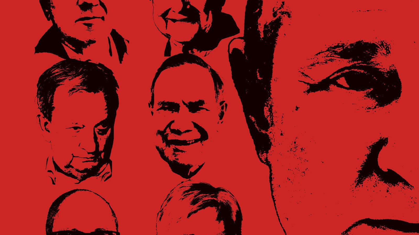 Kuvassa on punaisella pohjalla osa Putinin kasvoista ja vieressä vasemmalla pieninä Hjallis Harkimon ja Paavo Lipposen kasvot.