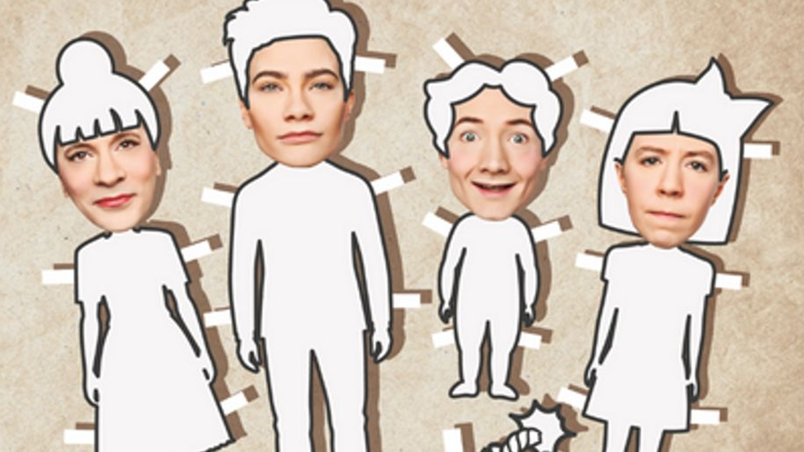 Kuvassa on neljä perheenjäsentä paperinukkeina valkoisina vaalean ruskealla pohjalla. Paperinukeilla on näyttelijöiden kasvot.