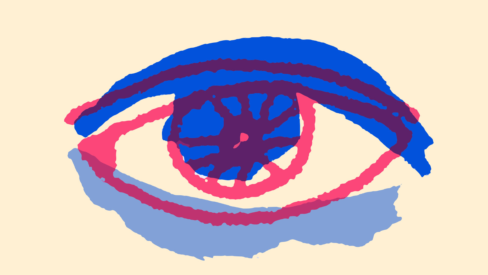 Kuvassa on keltaisella pohjalla sininen iso maalattu silmä.