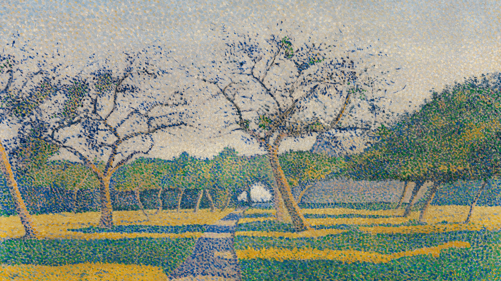 Kuvassa on puiston puita, joissa on sinisiä kukkia ja maassa keltaisia  ja vihreän sinisiä alueita.  Koko teos on pilkutettua väreillä.