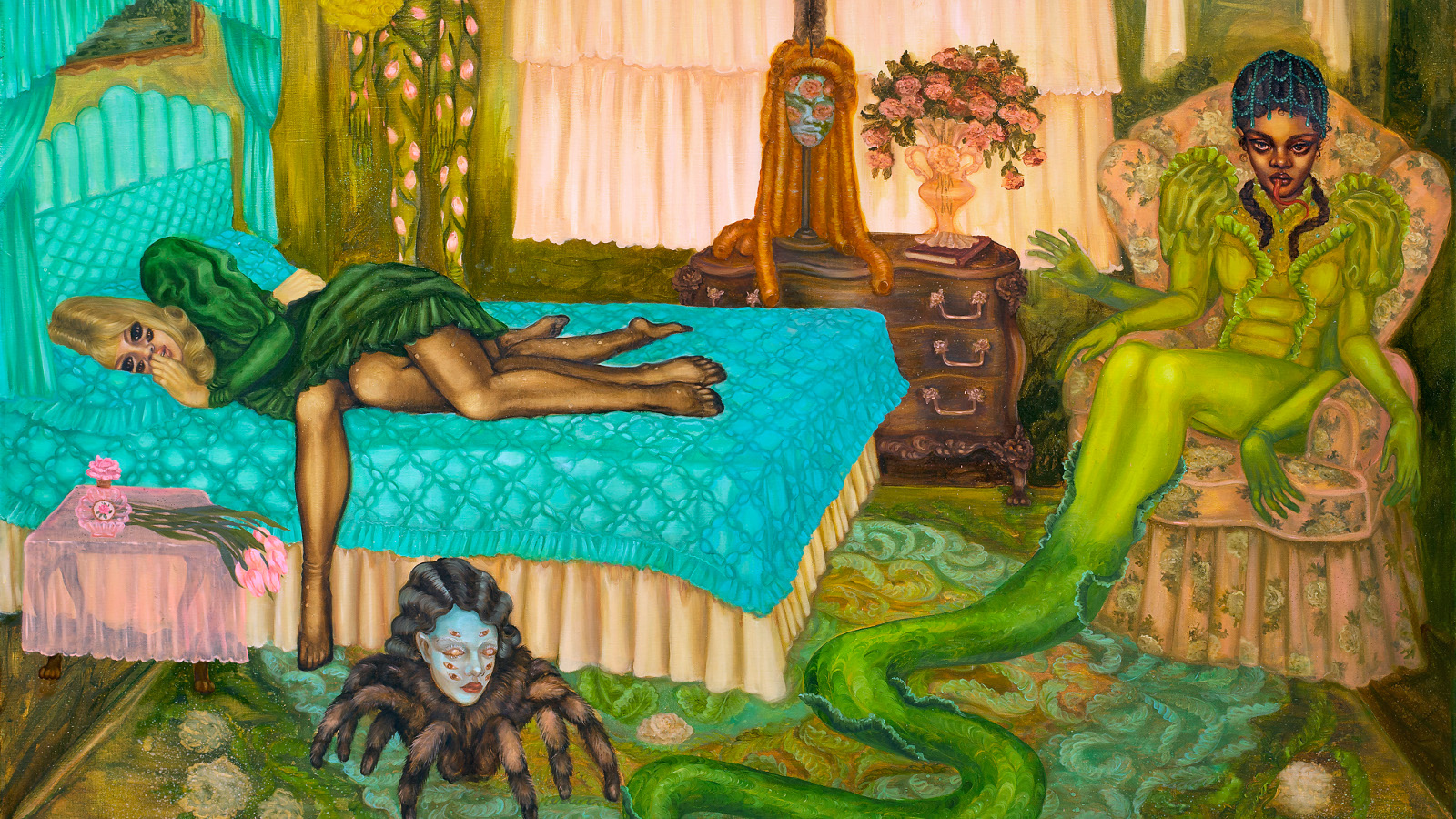 Kuvassa on huone, jossa on naisolentoja, joista yksiturkoosin värisellä peitolla sängyssä. Vihreällä matolla on iso skorpioni, jolla on naisen pää. Tuolilla on naishahmo, jolla on pitkä vihreä kapeneva häntä. Huone on koristeellinen.