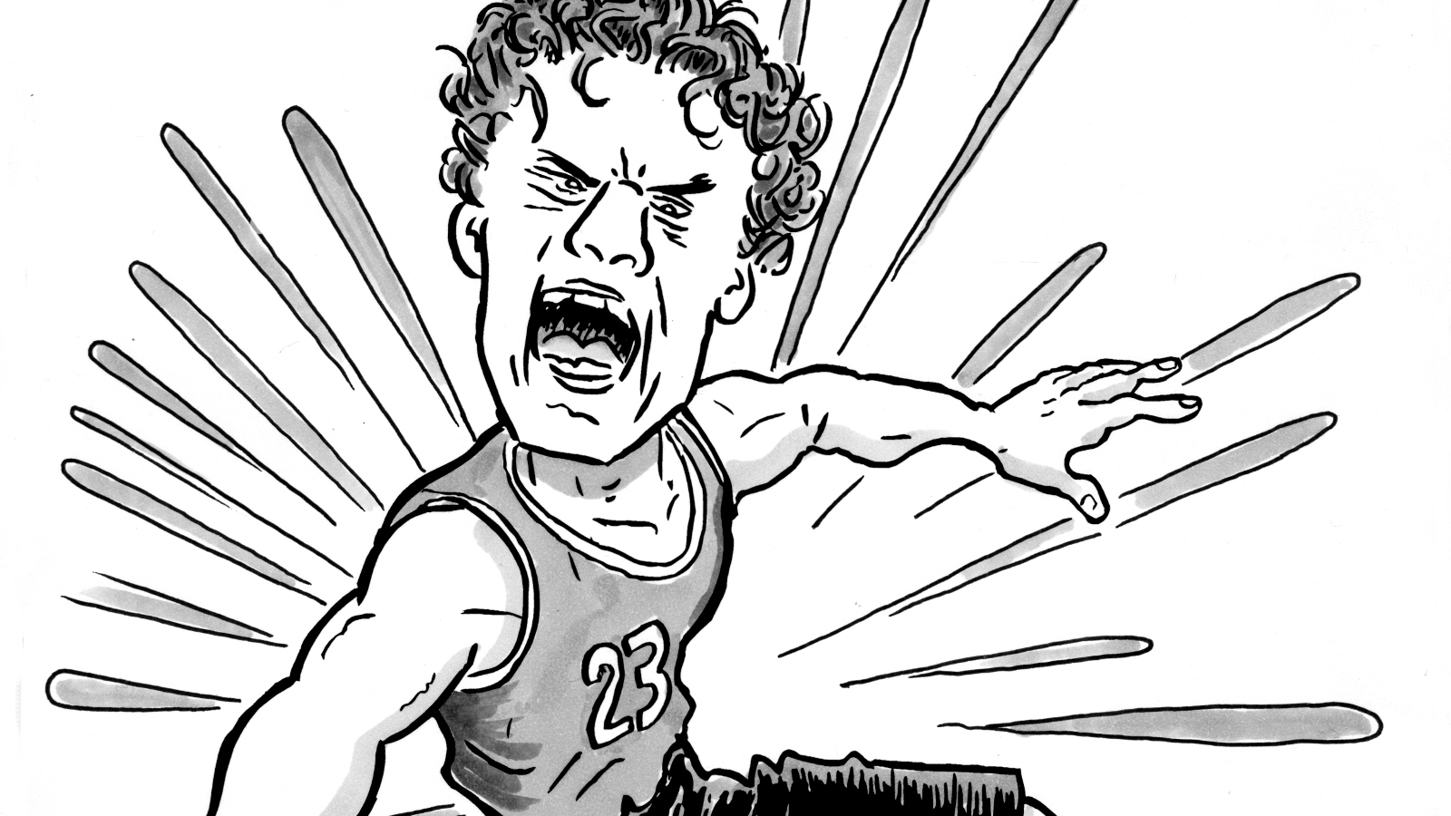 Kuvassa on Lauri Markkasen kasvot keskittyneen tuimana ja ulospän menee viivoituksia. Kuva on musta-valkoinen karikatyyrikuva.