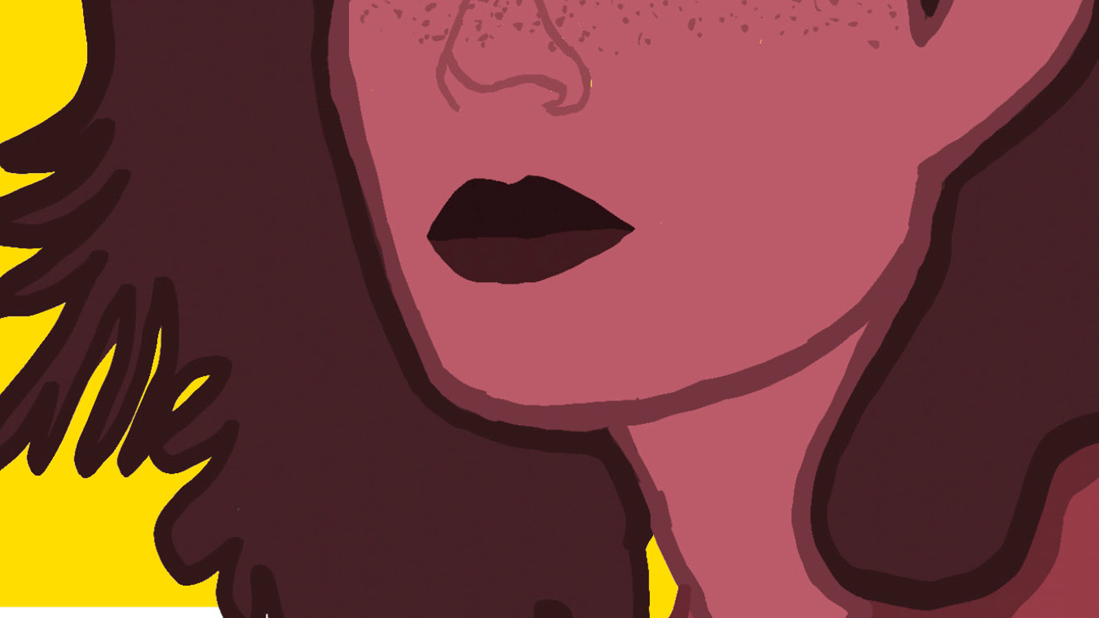 Kuvassa on piirroksena keltaisella pohjalla naisen kasvot punertavalla ja hiukset mustalla.