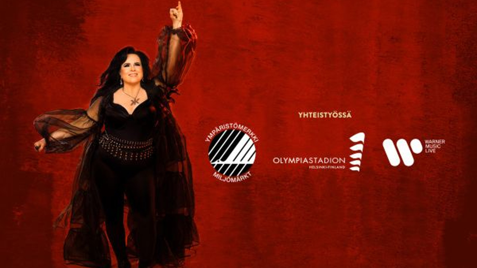 Kuvassa on vasemmalla Kaija Koo ja oikealla on nimet Olympiastadion ja Warner Music. Tausta on tumman punainen.