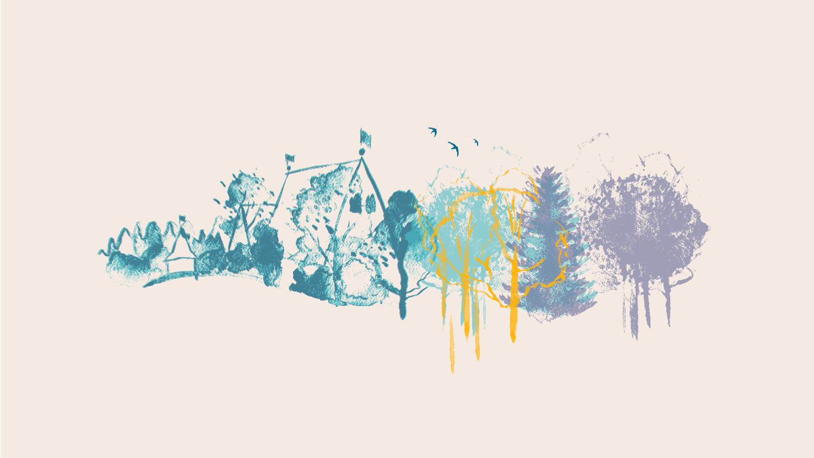 Kuvassa on vaalealla pohjalla vesivärityönä Espoon kirkko ja vaaleita vihertäviä, sinertäviä ja punertavia lehtipuita. Kuva on Urkuyön ja aarian juliste.