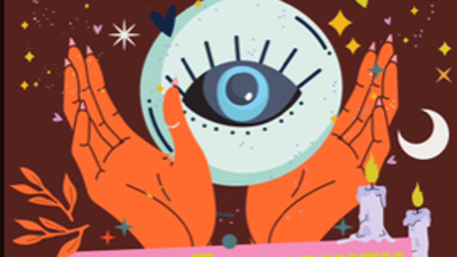 Kuvassa on ruskealla pohjalla piirroskuva, jossa on oranssit kädet levitetyttynä ja välissä on vaalea lasikuula, jossa on silmä.
