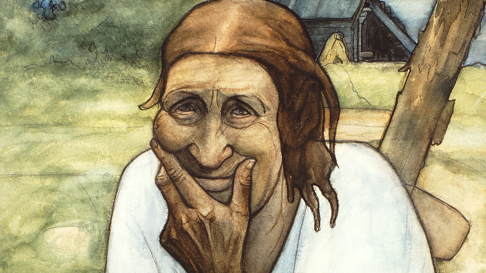Kuvassa on Hauta-Heikin mummo -teos, jossa mummo istuu ja pitää vasemman käden sormia leuassaan. Taustalla on hirsirakennus ja sen edessä vihertävää peltoa.