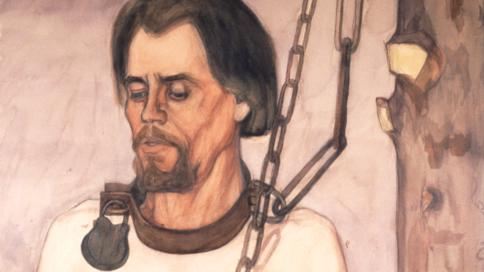 Kuvassa on Juho Rissasen teoksessa mies rautalänki kaulassaan, jossa on riippulukko. Ketjut on sidottu männynrunkoon. Taulun sävy on kellan ruskehtava.