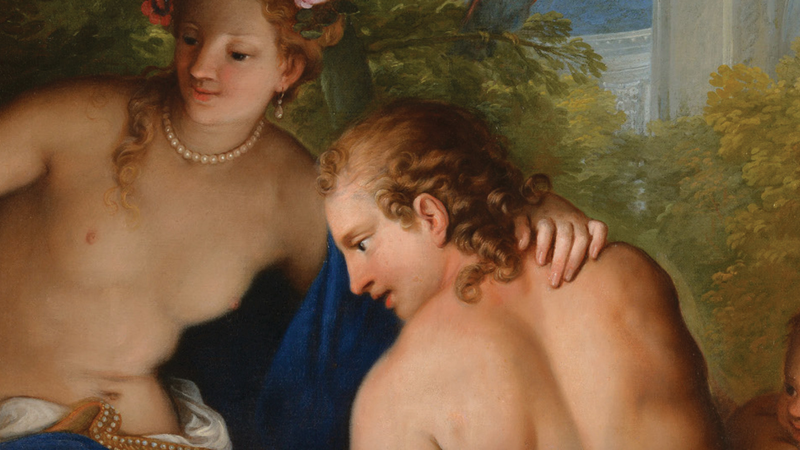 Kuvassa on taideteos, jossa on melko alaston nainen kurottamassa selin olevaa alaston selkäistä miestä.