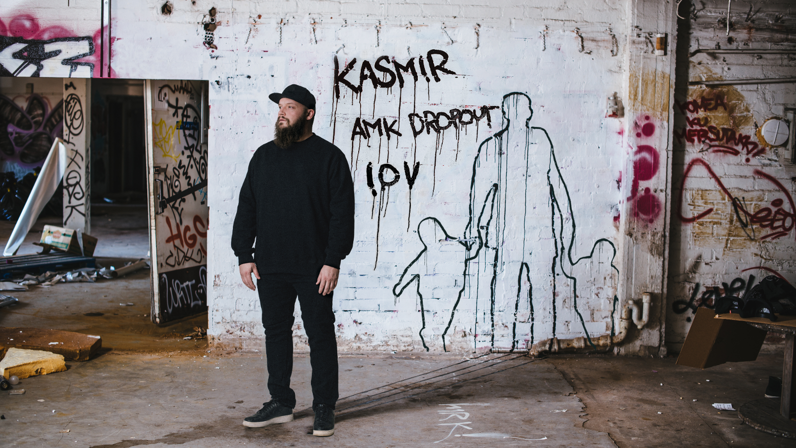 Kuvassa on Kasmir seisomassa  betoniseinien keskellä ja hänen takanaan lukee vaalealla seinällä lukee Kasmir AMK Dropout 10 v. Vieressä on ääriviivakuvat miehestä, joka pitää kädestä kiinni kahta lasta.
