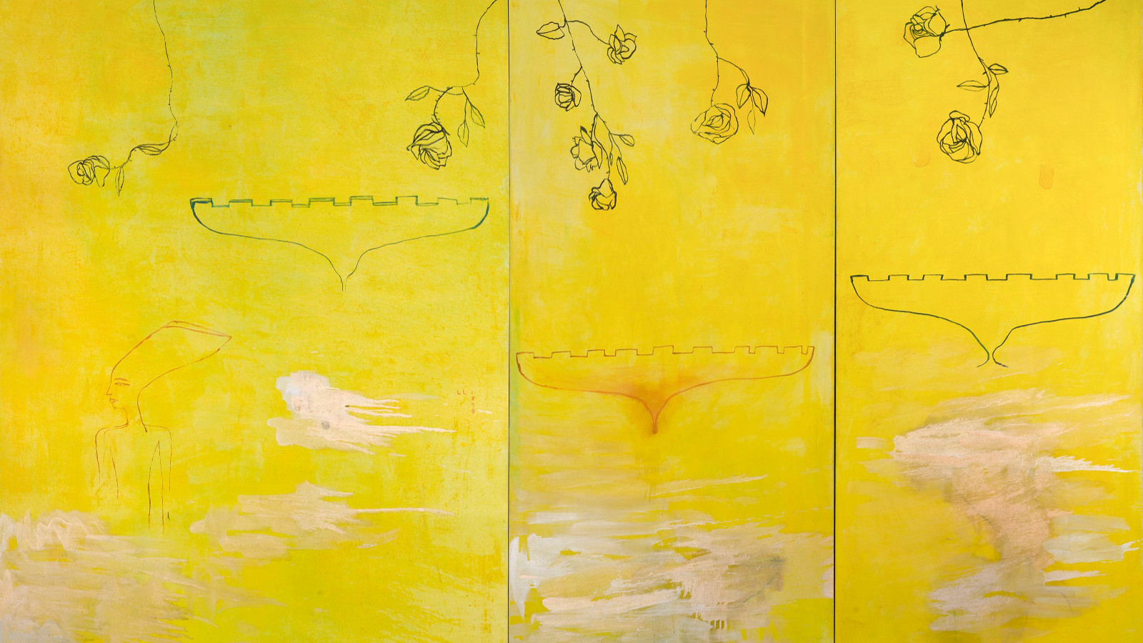 Kuvassa on keltaisella pohjalla kolmeen osaa hennoilla viivoilla rajattu teos.  Jokaisessa on alaspäin menevä kotka-figuuri. Yläosassa hentoja lehtipuiden oksia.
