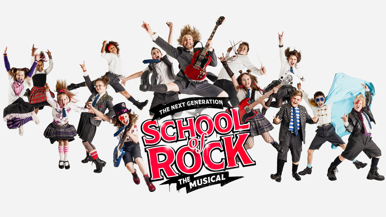 Kuvassa on keskellä alhaalla musikaalin logo isoilla punaisilla kirjaimilla School of Rock.  Ympärillä on musikaalin lapsia hyppimässä roolivaatteissa. Tytöillä on ruudulliset puolihameet ja pojilla alppityyliset vaatteet. Keskellä on Jaakko Vuolijoki kitaraa soittamassa. Tausta on valkoinen.