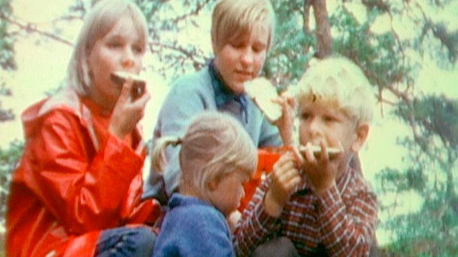 Kuvassa on lapsia syömäässä voileipiä luonnossa. Ylempänä on punaisessa sadetakissa tyttö ja vaalean sinisessä puserossa. Lapset ovat vanhempia kuin alempana oleva pienempi tyttö sivuttain ja kasvot näkyvissä pienempi poika.