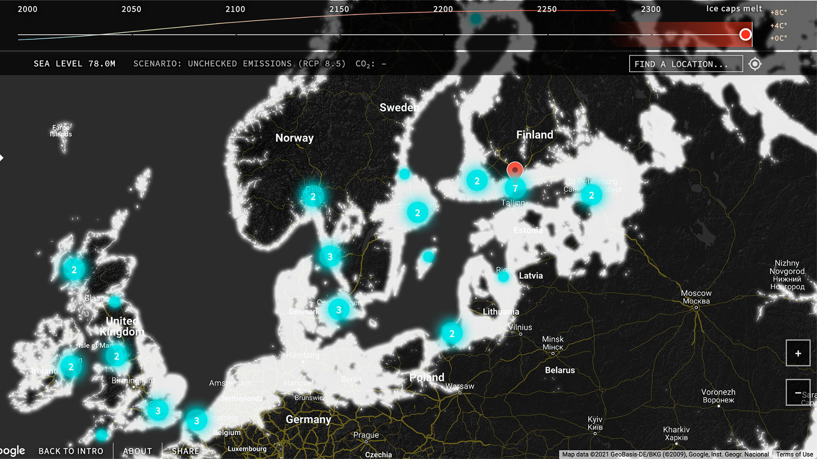 Kuvassa on Pohjoismaiden ja Englannin kartta, jossa on sinisellä merkattu satamia. Yläosassa on skaalausviivat ja skaala alkaen 2000:sta. Kuvan pohja on musta ja maiden mantereiden kohdalla on osoittain valkoista.