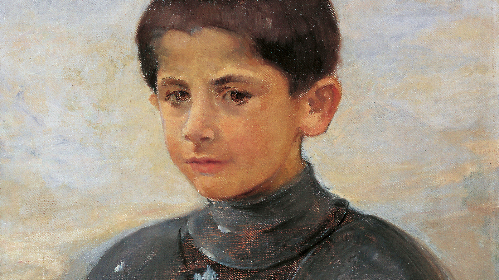 Kuvassa on osa teoksesta, jonka tausta on harmaan ruskehtava.  Pojasta näkyy kasvot, lyhyt ruskea tukka ja hänellä on haarniska päällään ja hän istuu.