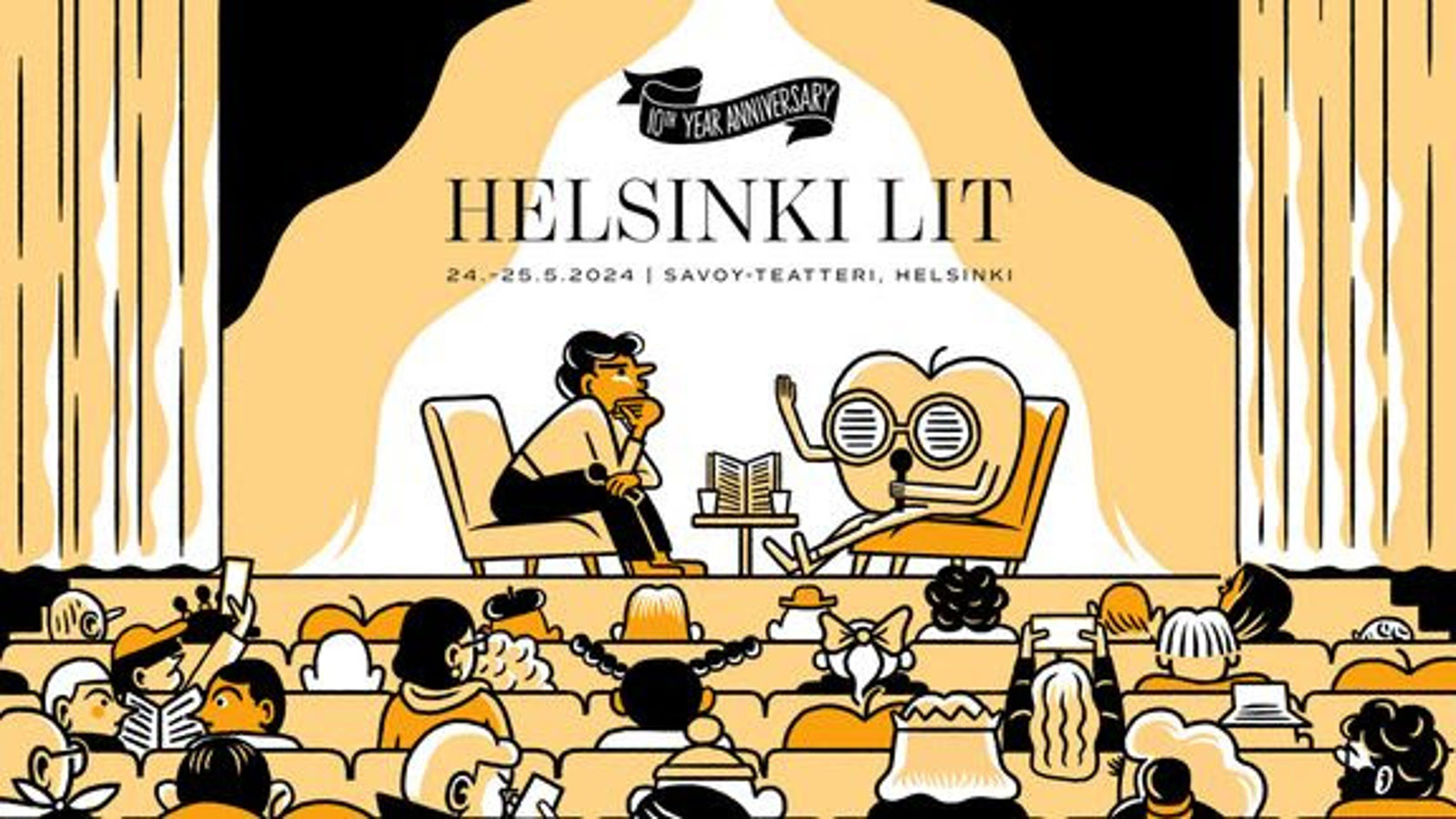 Kuvassa on kelta-mustana graafinen kuva, jossa on takaa päin alhaalla yleisöä.  Ylempänä on näyttämö, jossa vasemmalla istuu henkilö, jota haastattelee olento mikki kädessään.  Pääon iso pönttömäinen ja jossa on kaksi isoa silmää. Päällä lukee Helsinki Lit tietoinen.