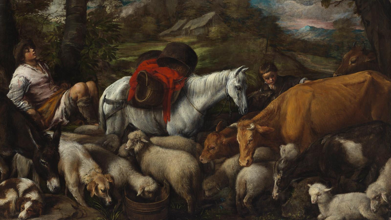 Kuvassa on alimpana lampaita ja keskellä on valkoinen hevonen ja vieressä ruskea lehmä. Lampaiden keskellä on ajokoira ja vieressä aasi. Paimen on vasemmalla nukkumassa puun juurella. Kuvan sävy on tumma.