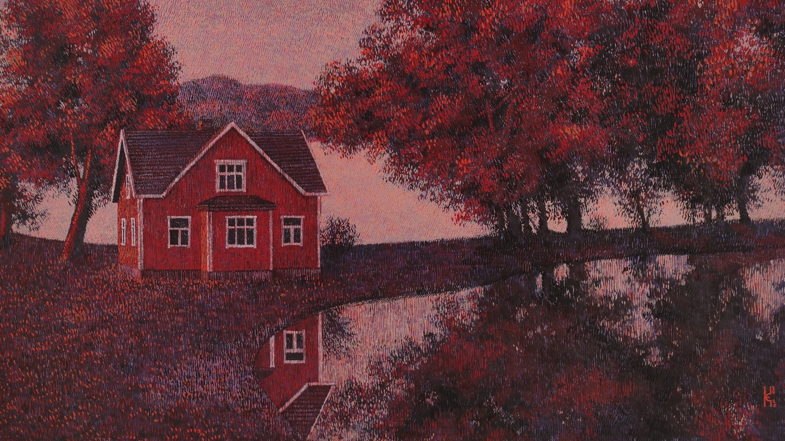 Kuvassa on Kateryna Yehorovan maalaus, jossa on punainen talo kahden veden välissä ja se heijastuu edessä olevaan veteen toisesta kulmastaan.  Molemmilla puolilla on ruskehtavat lehtipuut.  