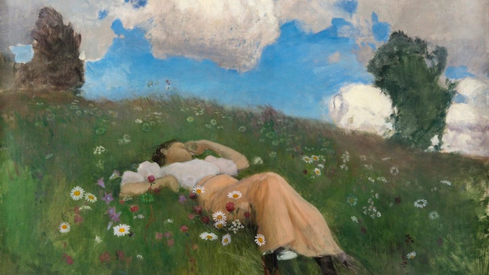 Kuvassa on Saimi makaamassa kesäisellä mäkirinteen kedolla, jossa on valkoisia kukkia ja rinteen yläpäässä on molemmin puolin katajat.  Taivaalla on poutapilviä ja sinistä taivasta.