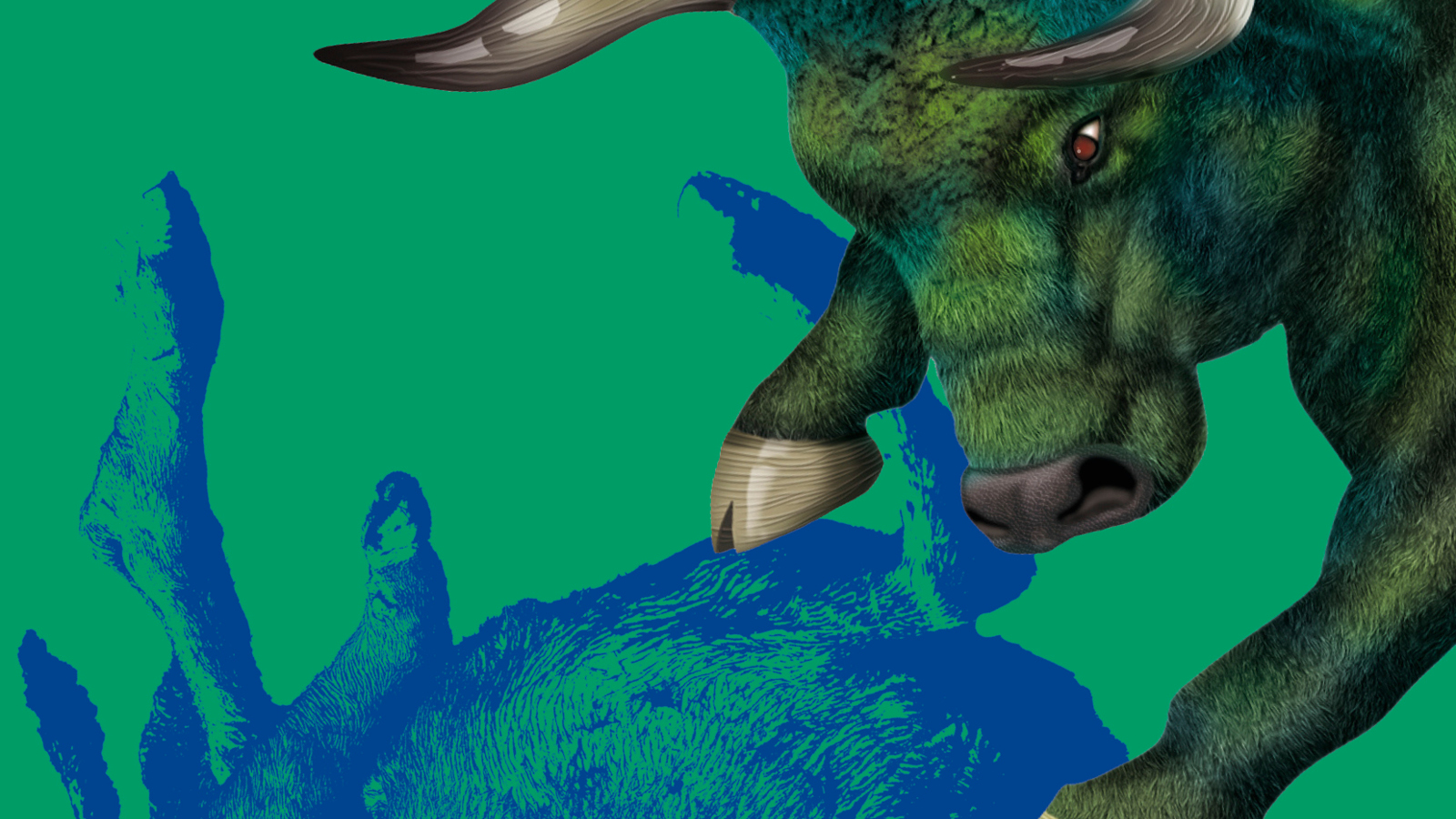 Kuvassa on osa kirjan kannesta.  Siinä on vihreällä pohjalla oikealta yläreunal kurottava sarvipäinen lehmä ja alla on sinisellä piirretty vasikka selällään, jota lehmä pitää sorkkiensa välissä.