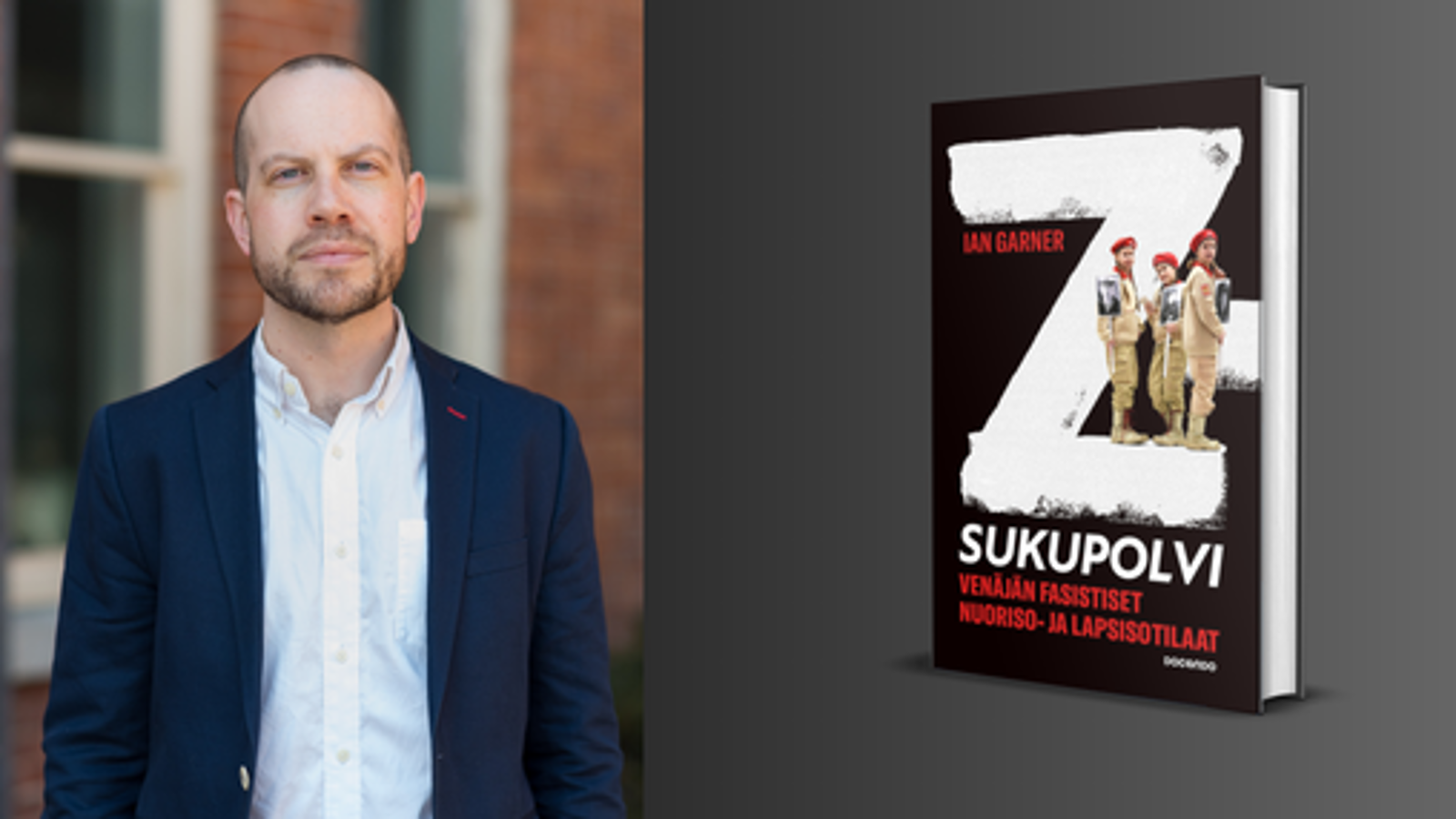 Kuvassa on vasemmalla Ian Gardner sinisessä takissa ja valkoisessa paidassa.  Oikealla on vinosti kirja ja sen kannessa on isolla valkoisella Z-kirjain ja sen alasakaran päällä kolme sotilaspukuista nuorta. Alla on punaisella Venäjän nuoriso- ja lapsisotilaat. Kirjan kannen pohjaväri on musta.