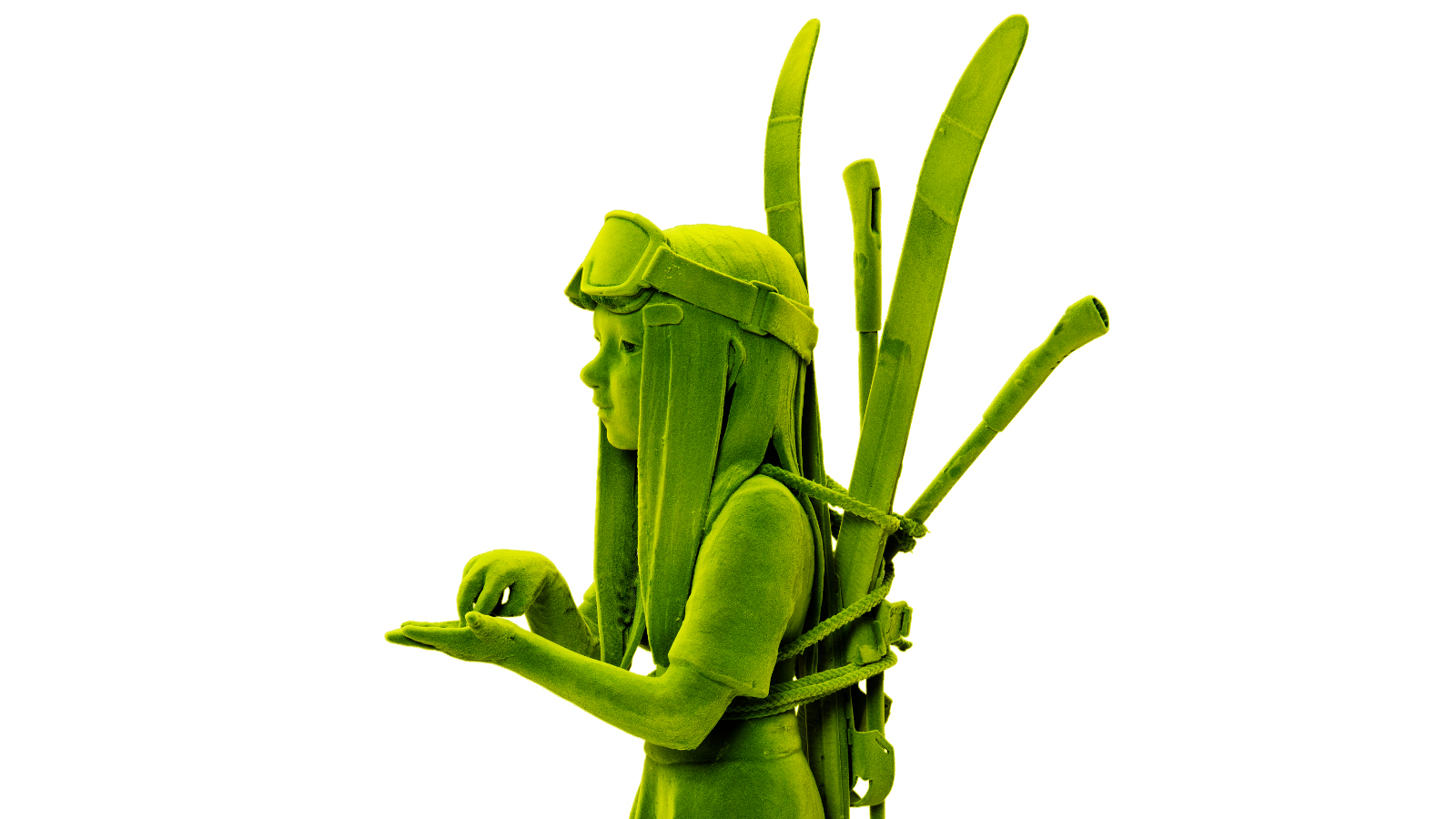 Kuvassa on sivuttain soturin näköinen vihreä soturi ja sillä on selässään reppu. Siinä tulee ylöspäin keihäitä. 