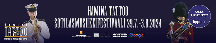 Hamina Tattoon mainosbanneri. Hamina Tattoo on kansainvälinen sotilasmusiikkifestivaali Haminan kaupungissa.<br />
