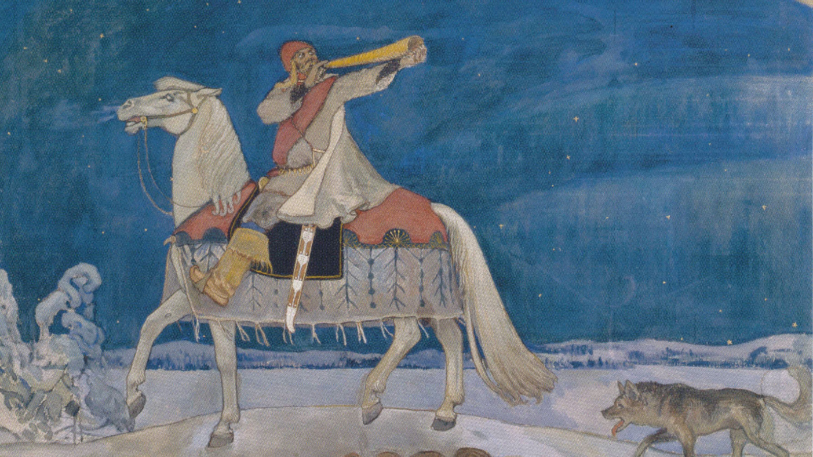 Kuvassa Kullervo ratsastaa harmaalla ratsulla, jolla on selässään oksakuvioinen viltti. Kullervo soittaa keltaista tuohitorvea ja istuu hevosen selässä. Hänella on harmaa leveä paita ja ruskea etumus. Tausta on sininen ja edessä on valkoisia lumisia pensaan oksia. 