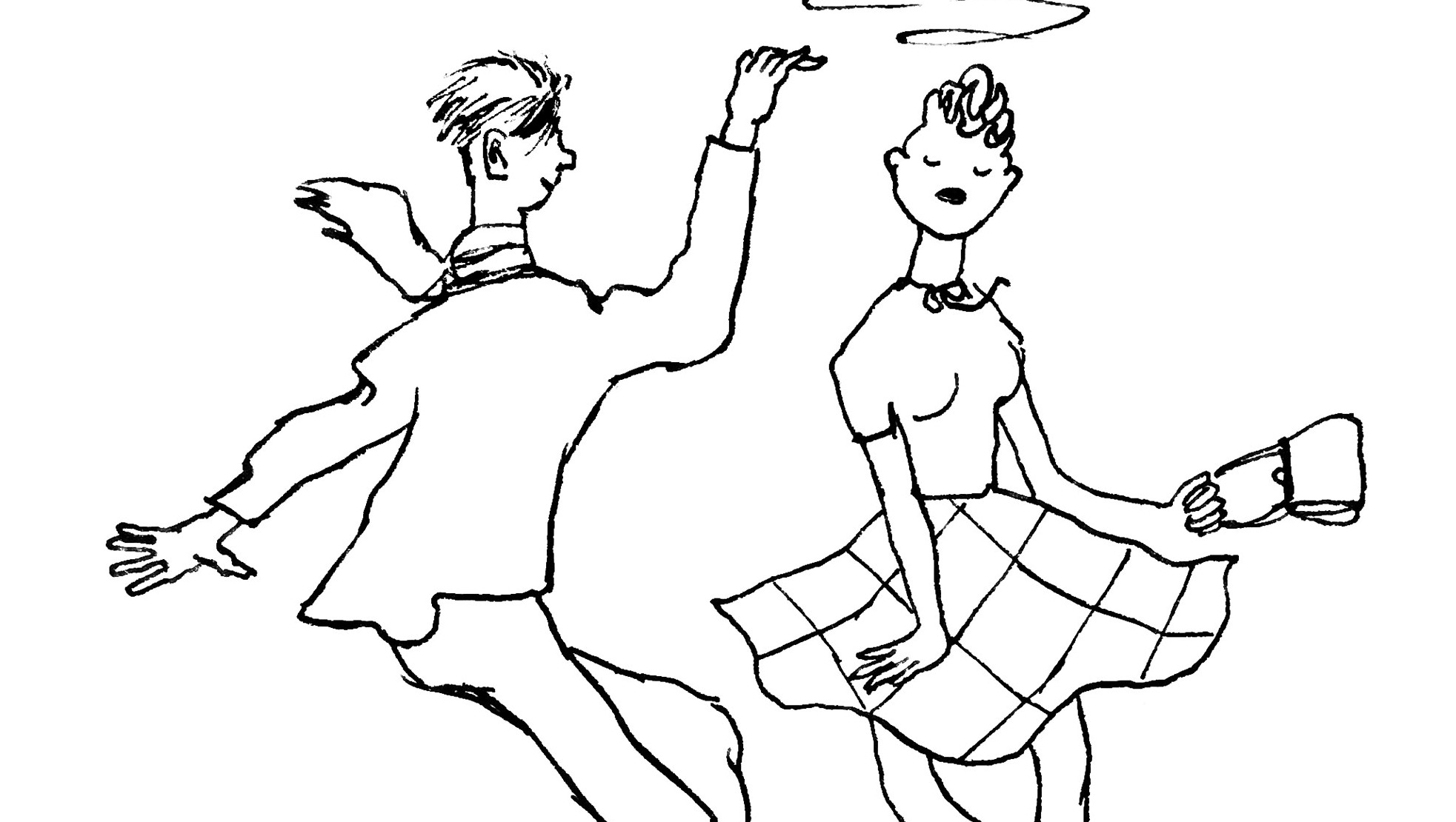 Kuvassa on graafinen musta-valkokuva, jossa on vasemmalla miestanssija ja oikealla nainen ruutupuolihameessa.