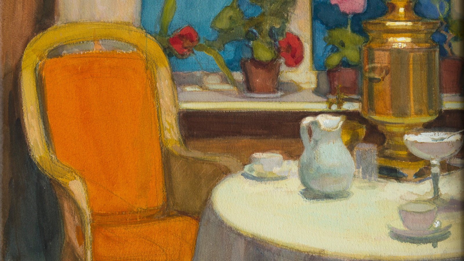 Kuvassa on osa teoksesta ja siinä näkyy kahvipöydästä, jossa on valkoiset kupit ja pöytäliina. Vieressä on oranssin värinen selkänojallinen tuoli. Takana on ikkunalla ruukuissa ruusuja.