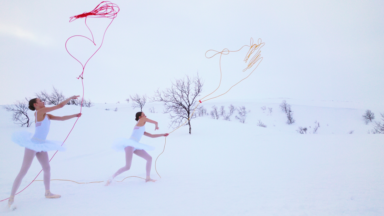 Kuvassa on valkoisessa talvimaisemassa kaksi tyttöä balleriinapuvussa ja he lennättävät punaisia narumaisia leijoja. Taustalla näkyy muutama paljas pensas.