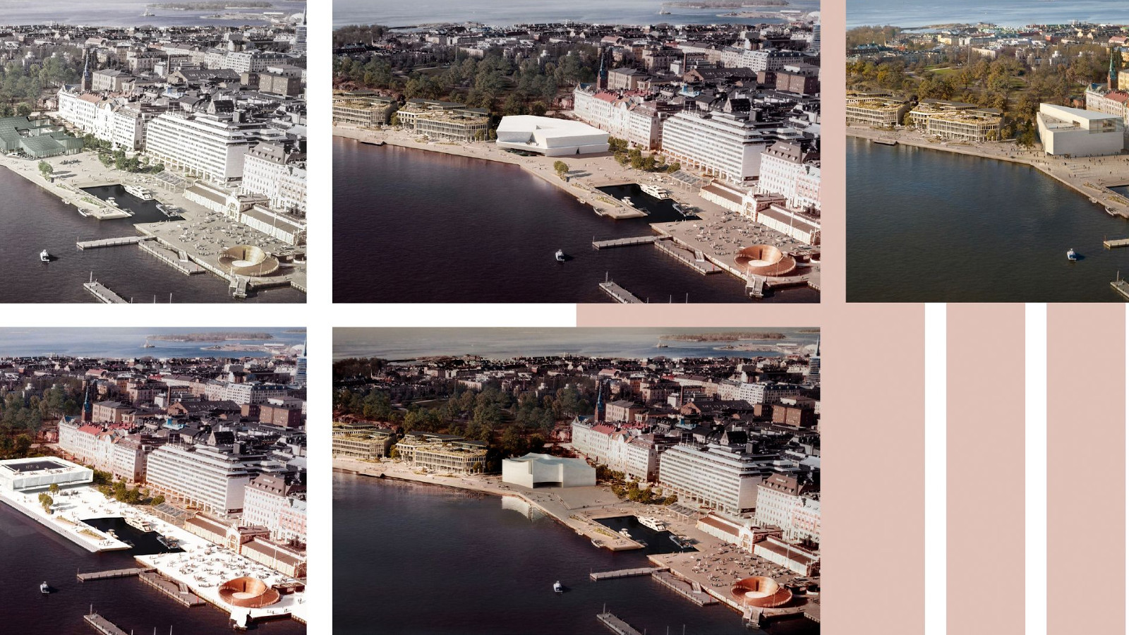 Kuvassa on viidellä ruudulla ilmakuvana ehdotukset, joissa on havainnekuvina sijoitettu ehdotetut uudet rakennukset.