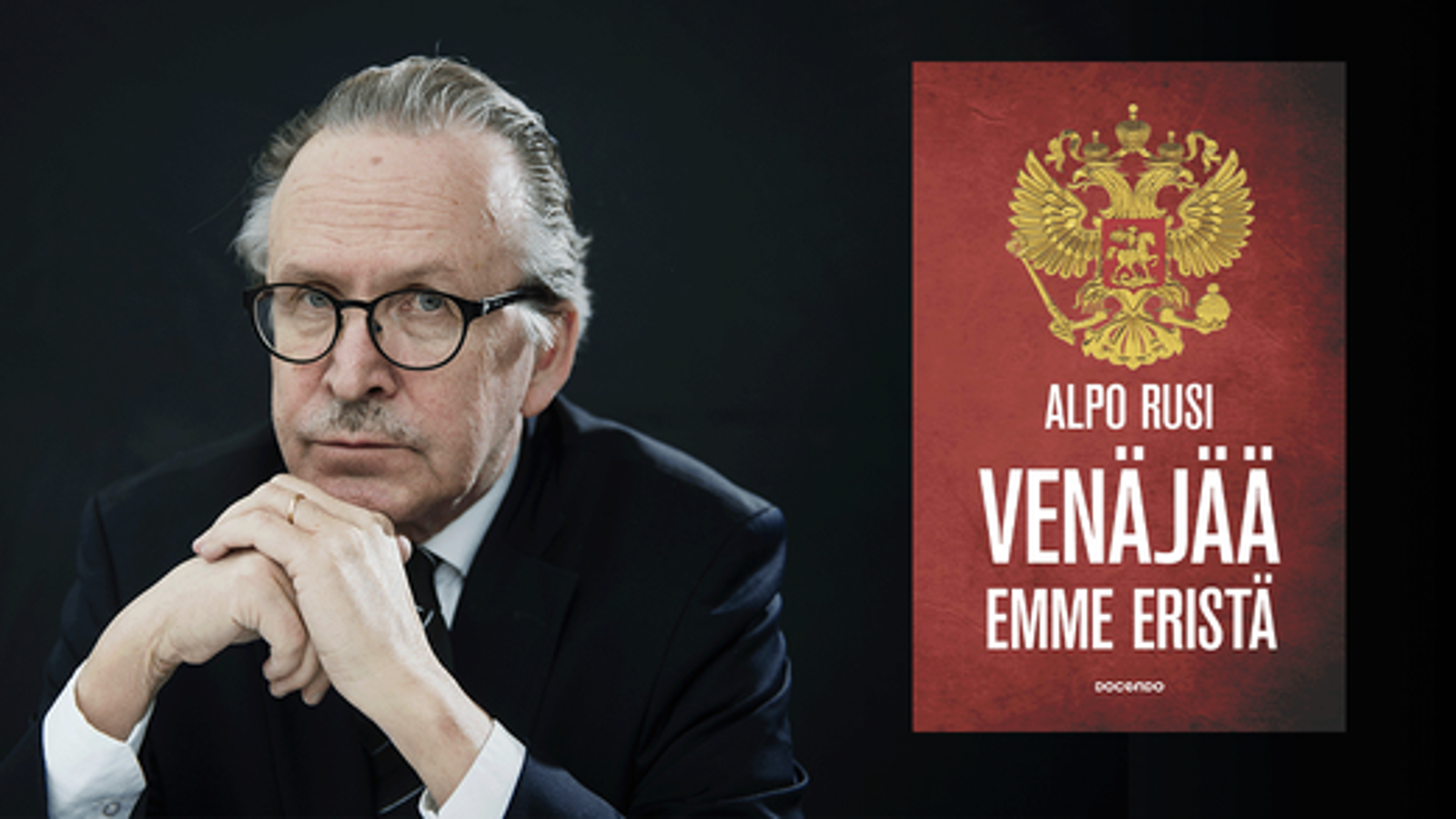 Kuvassa on Alpo Rusi puolivartalokuvassa ja hän istuu ja pitää käsiään leuan alla. Oikealla on kuva kannesta, jossa kirjan nimi sekä Venäjän vaakuna. Väri on tumman punainen.