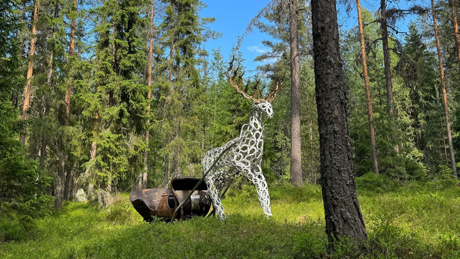 Kuvassa on metsää ja siellä on teos valkoisesta isosta peurasta sarvineen, joka on tehty reiällisestä teräksestä. Peura vetää perässään puista rekeä.