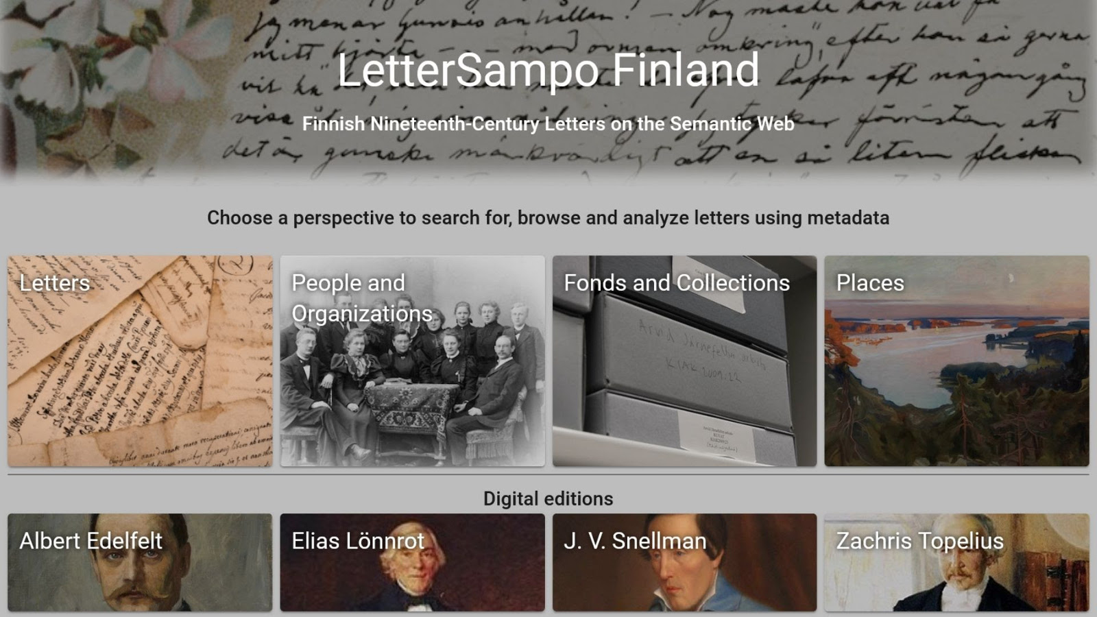 Kuvassa on otsikkona valkoisin kirjaimin LetterSampo Finland ja pohjalla on kirjetekstiä.  Alla on neliömäisissä kuvakkeissa kuvat aiheesta kuten Letters ja siinä kirjeitä.  Alla on henkilöitä kuten Albert Edelfelt ja hänen kuvansa. neliöitä kahdessa rivissä neljä ja alla olevat ovat puolikkaita.