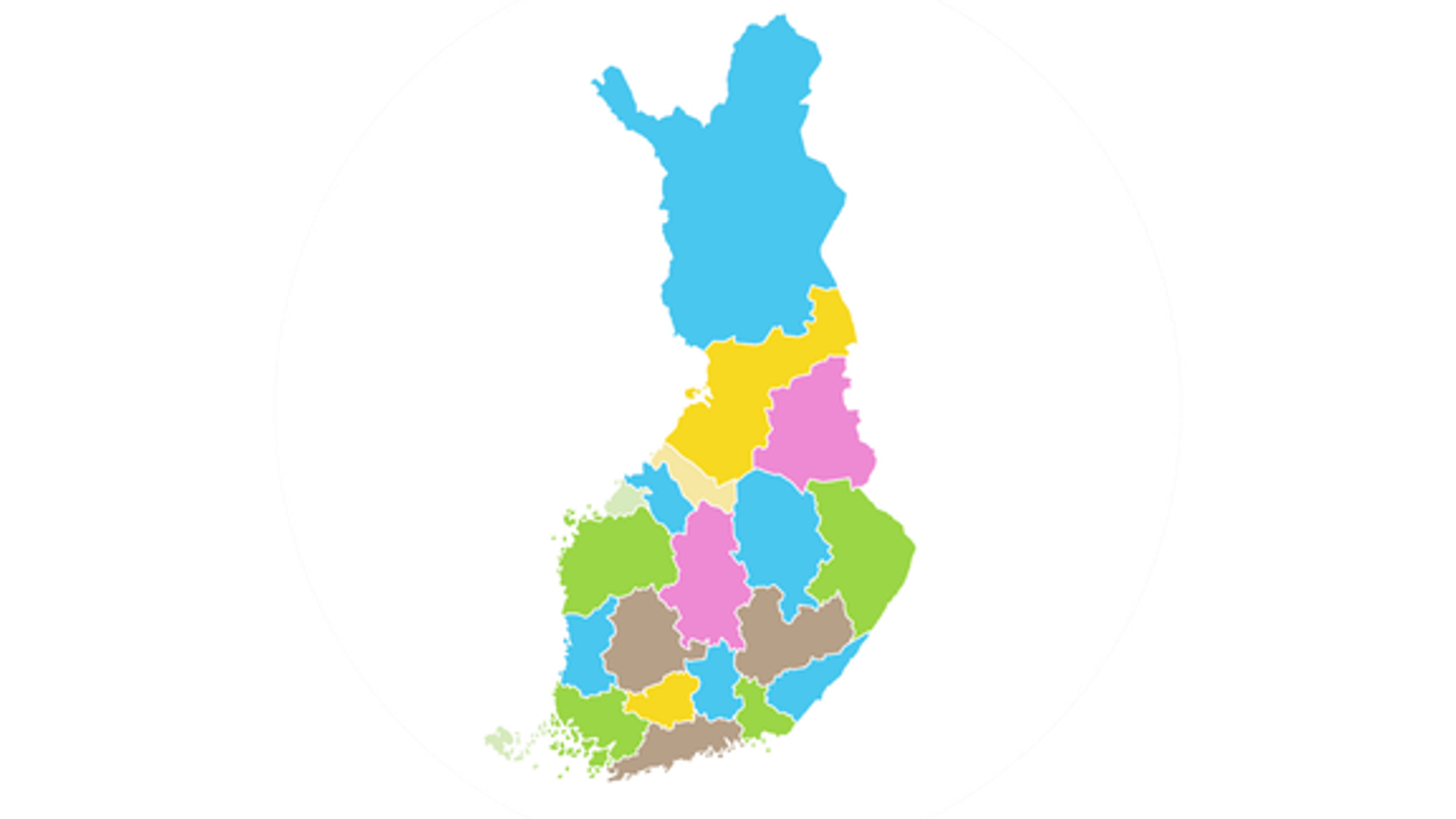 Kuvassa on Suomen kartta ja siinä eri maakunnat useilla väreillä ilmaistuna. Kartta on valkoisen ympyrän sisällä. Taustalla on harmaata.