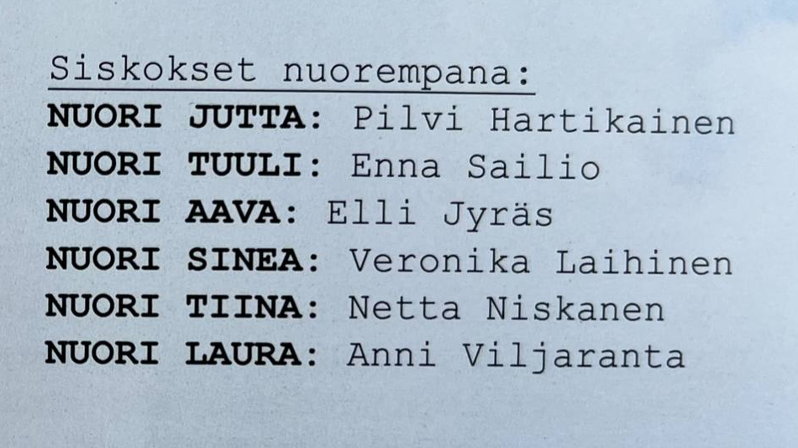 Kuvassa on lista otsikolla Siskokset nuorempana ja listassa on kuusi nimeä. 