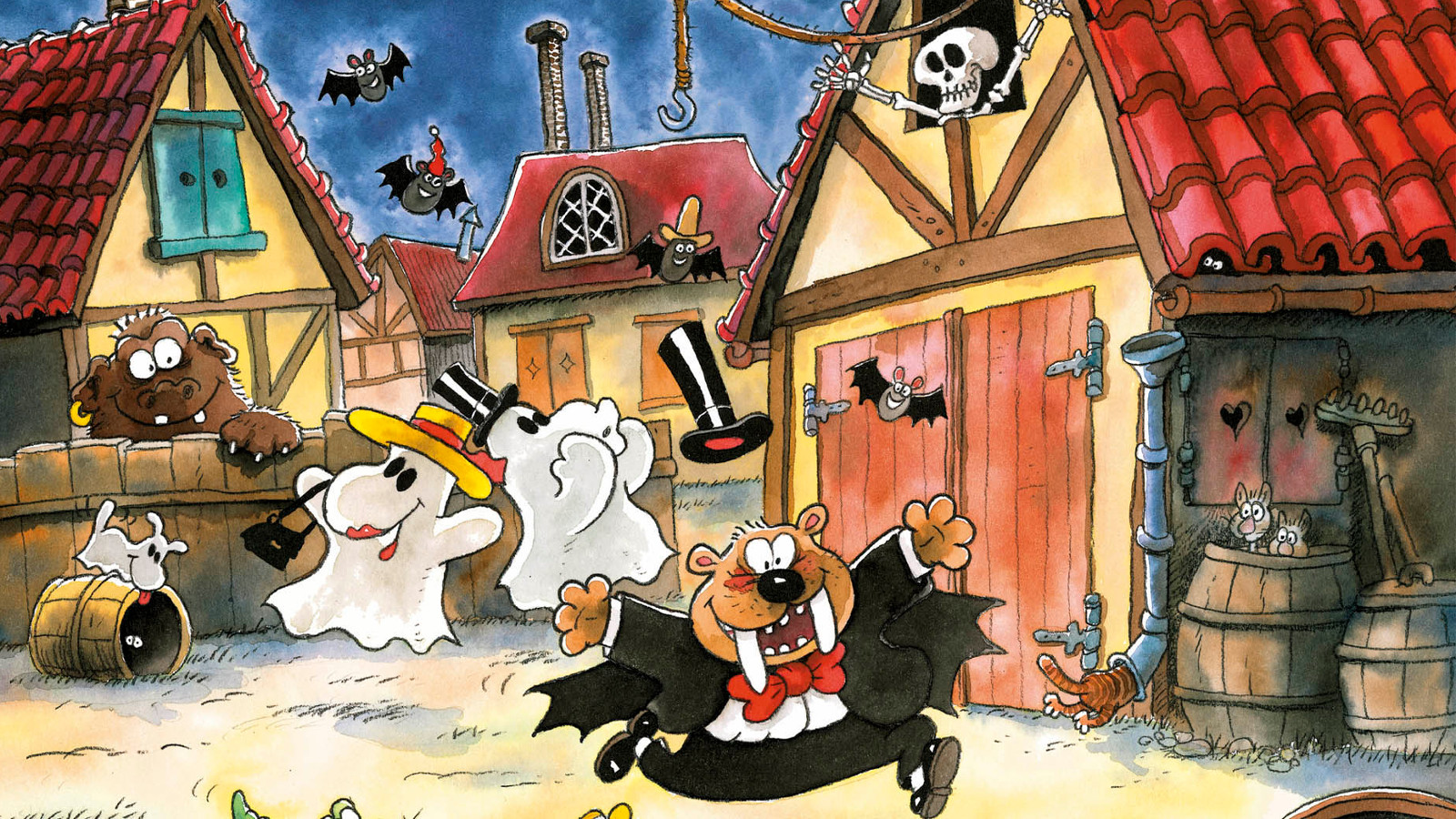 Kuvassa on Mauri Kunnaksen kuvitushahmoja kelta-ruskeiden tiilikattoisten talojen keskellä. Etualalla on mustassa puvussa juokseva hahmo ja taaempana kaksi muumimaista valkoista hahmoa. Vasemmalla kurkkii ruskea, pörröinen hahmo muurin takaa.